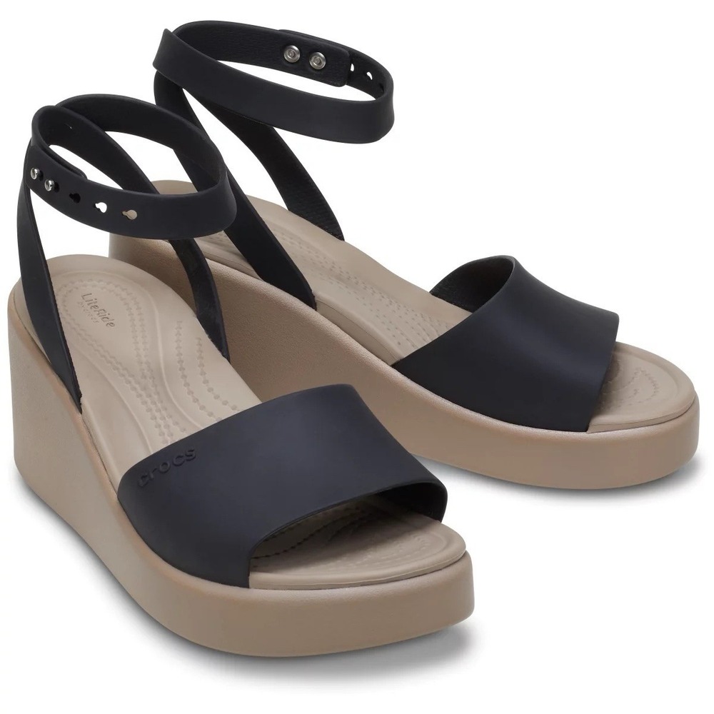 Crocs Brooklyn Ankle Strap Wedge Sandal Black/Mushroom Women 11 Vacation Comfy